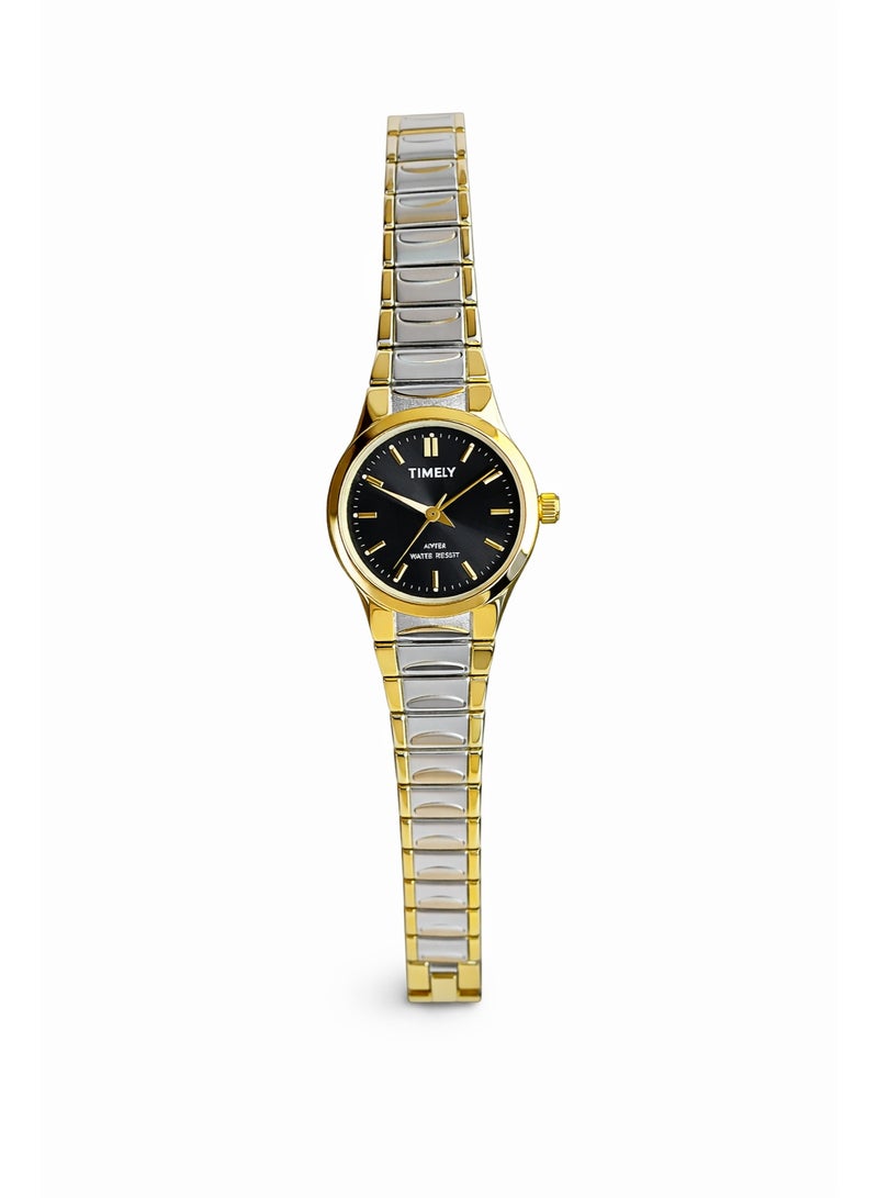 Timely Women’s Analog Quartz Watch with Two-Tone Stainless Steel Strap – Black Dial